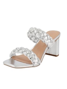 Braided Metallic Silver Chunky Block Heel Sandals